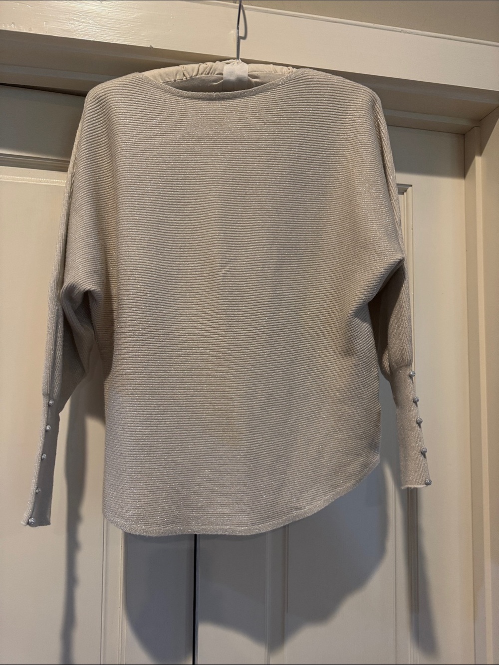 Women's Silver Cream Knit Pullover Top with Rhinestone Sleeve Buttons